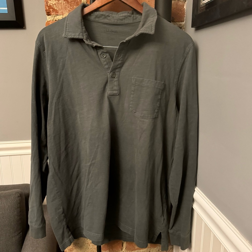 LL Bean Men’s Long Sleeve Olive Green Three Button Henley Size Large